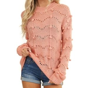 Coral Open Knit Pom Pom Sweater
